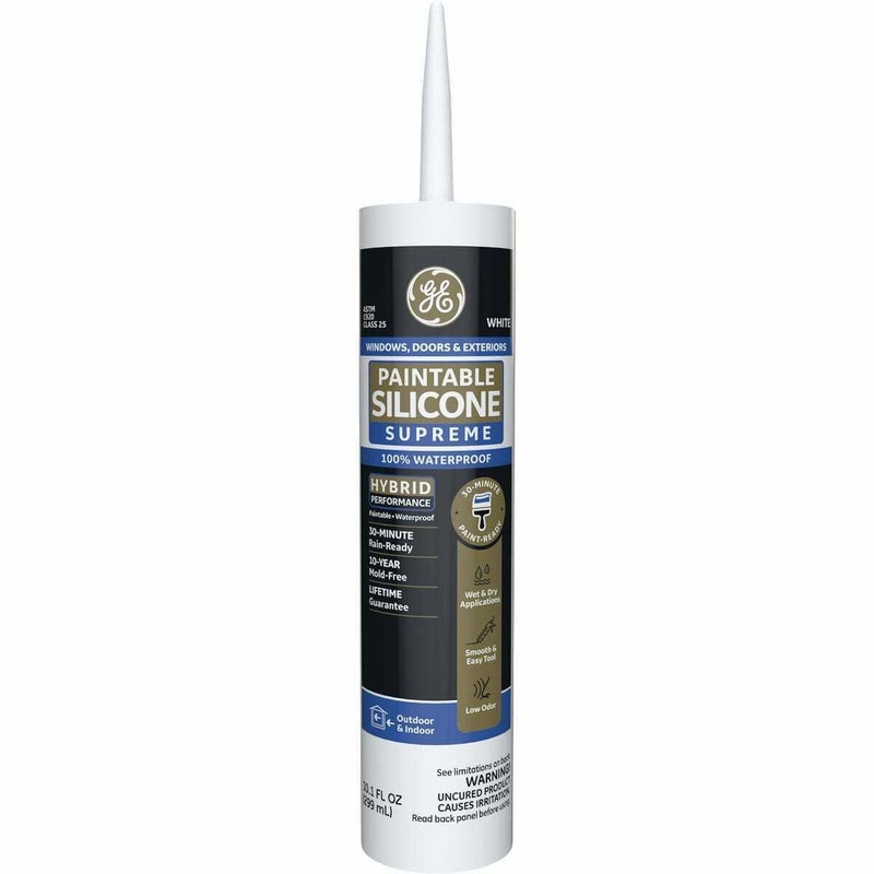 GE Supreme Paintable Silicone Caulk for Window & Door, White, 9.5 fl oz Cartridge, 1 Pack - 100% Waterproof Silicone Sealant, 7X Stronger Adhesion, Freeze & Sun Proof - Image 1